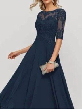 NWT-JJs House Navy Lace Bodice A-Line Evening Gown